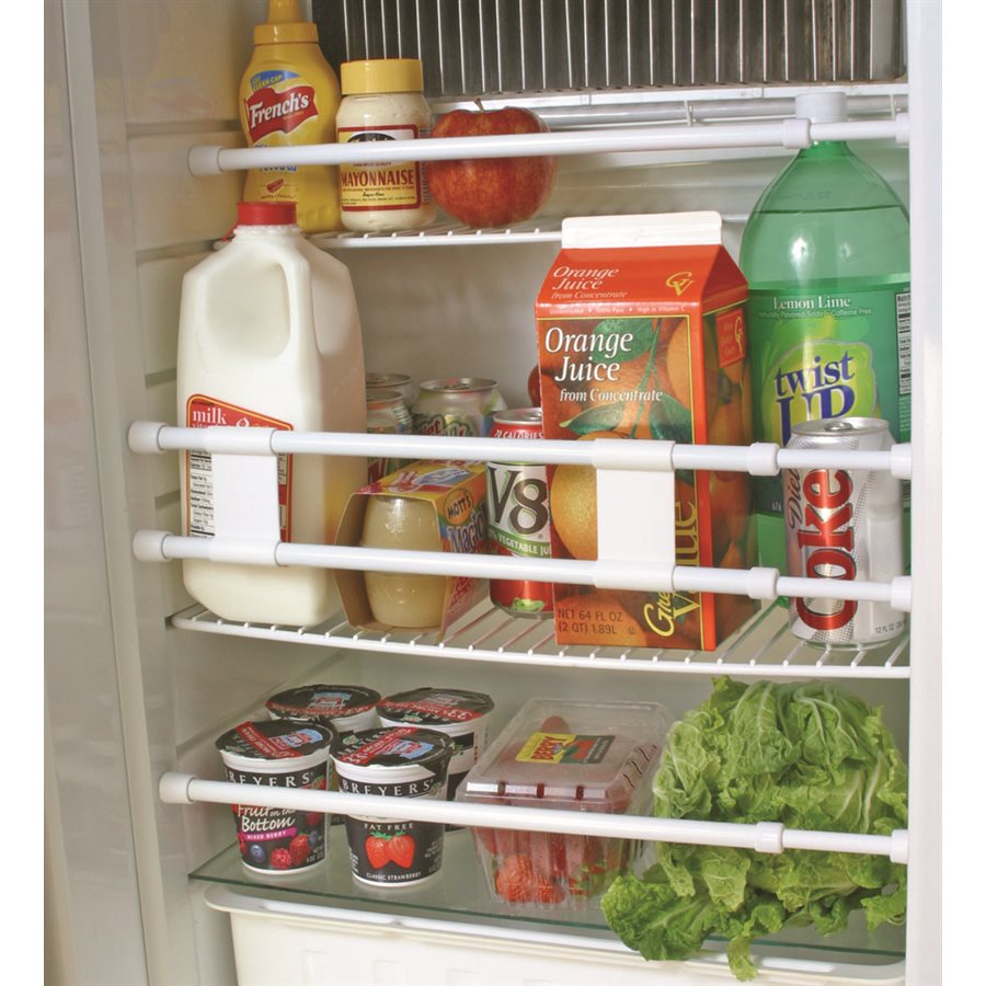Camco Refrigerator Content Brace, Bar Extends From 16 in Length to 28 in Length, White Plastic, Set Of 3 - 44053