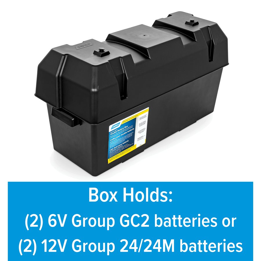 Camco Battery Box, Fits Two 6V Group GC2 Batteries Or Two 12V Group 24/24M Batteries, With 2 Tie Down Straps And 4 Strap Clamps With Screws - 55374