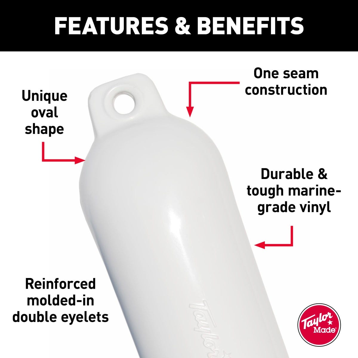 Taylor Made Boat Fender, White, 4-1/2 in Diameter x 16 in Length For 10 ft To 15 ft Boat - 1021