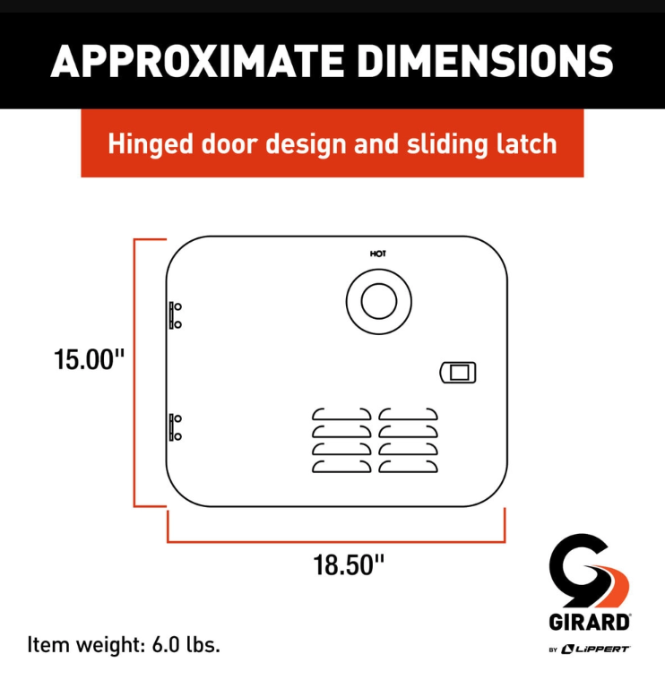 Lippert Water Heater Access Door, Replacement For Atwood 6 gal Water Heater, 15 in x 18-1/2 in, Black - 2022107538