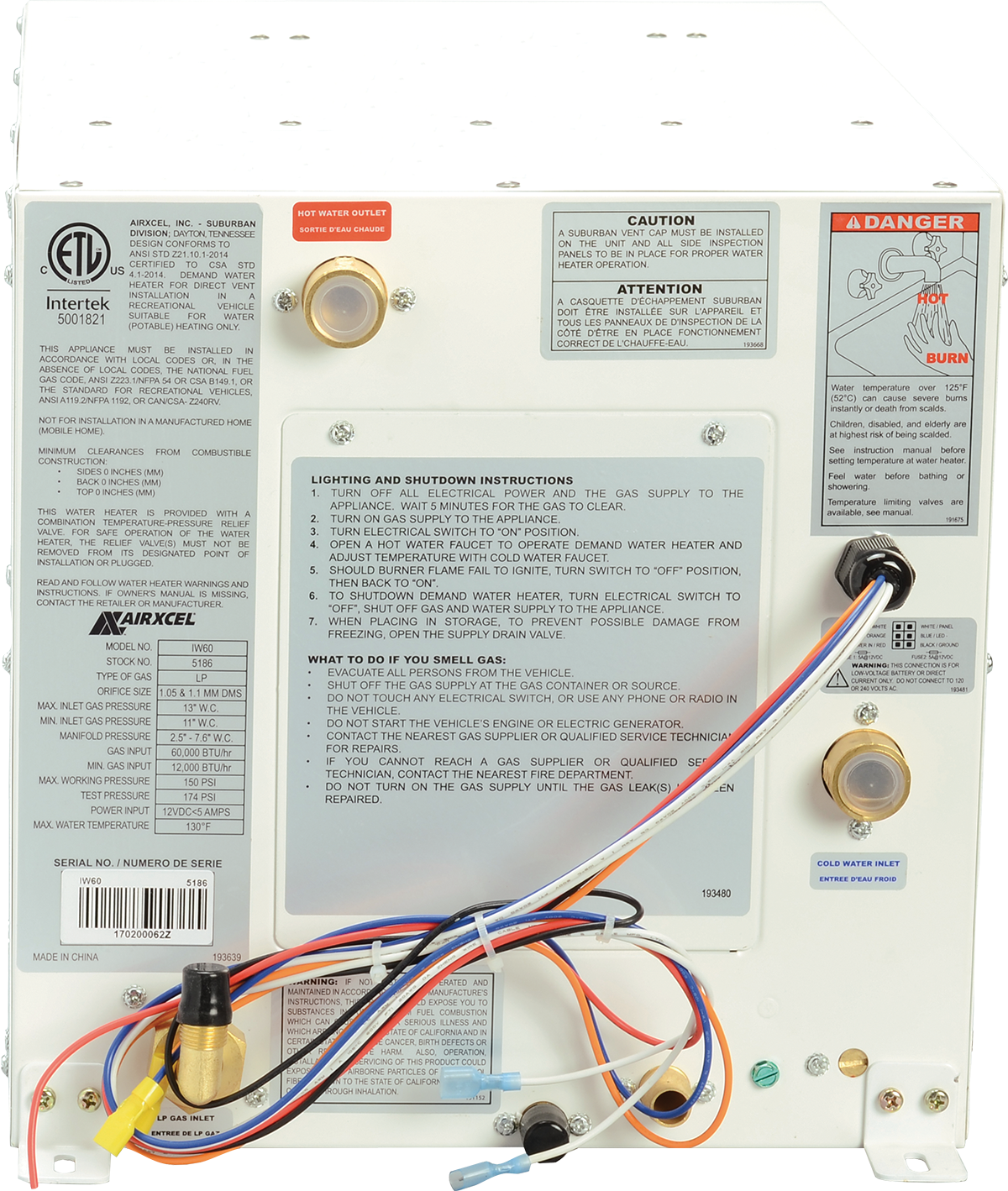 Suburban Mfg Water Heater, Model IW60RL, 1/2 gal Internal Water Tank, 60,000 BTU - 5280A