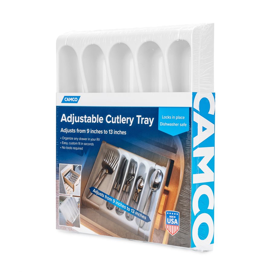 Camco Cutlery Tray, Adjustable From 9 in To 13 in Width x 1-3/4 in Height, With 5 Compartments, White - 43503