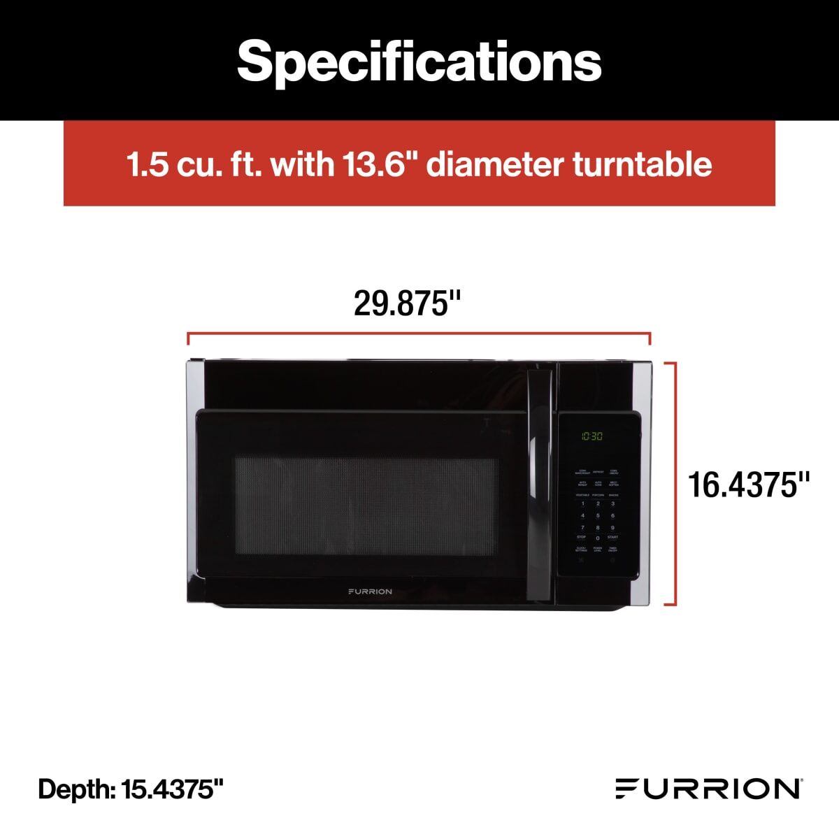Furrion Microwave Oven, 1.5 Cubic ft Capacity, 900 Watts Cooking Power/1500 Watts Input Power, 120 V AC - FMCM15A-BL
