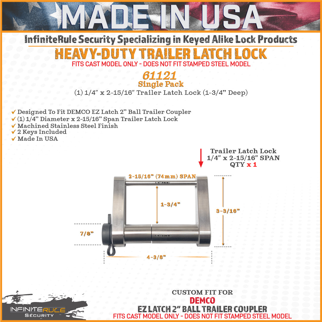 InfiniteRule Trailer Hitch Lock, Fits DEMCO EZ Latch 2 in Ball Coupler, Stainless Steel, With 2 Keys/1 Dust Cover - 61121-S