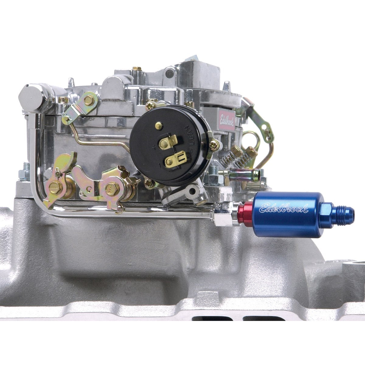 Edelbrock Carburetor Fuel Line, Chrome, With Banjo Fitting/Gaskets/Blue Anodized Fuel Filter - 8134