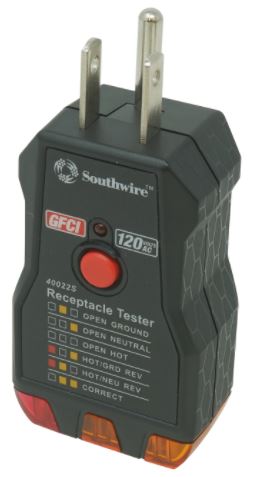 SouthWire Corp. Circuit Tester, Red/Amber Light Display, 110 To 125 V AC, Detects Faulty Wiring In 3-Wire Receptacles - 40022S