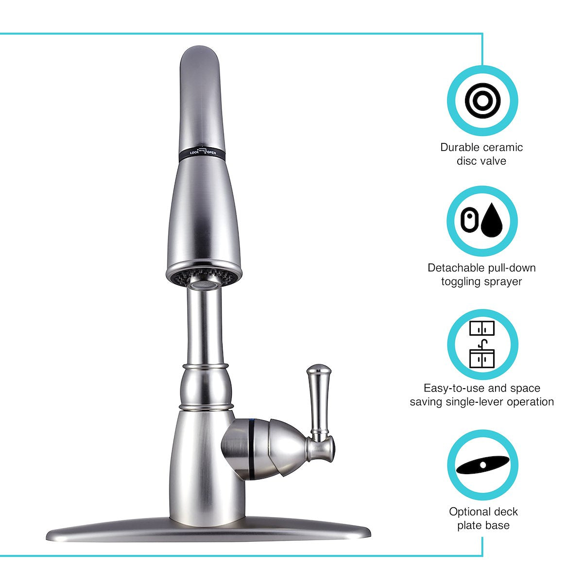 Dura Faucet Faucet, 15 in Pull Down Spout, 1 Hole/3 Hole Application, 1/2 in NPS Riser Connection - DF-PK160-SN