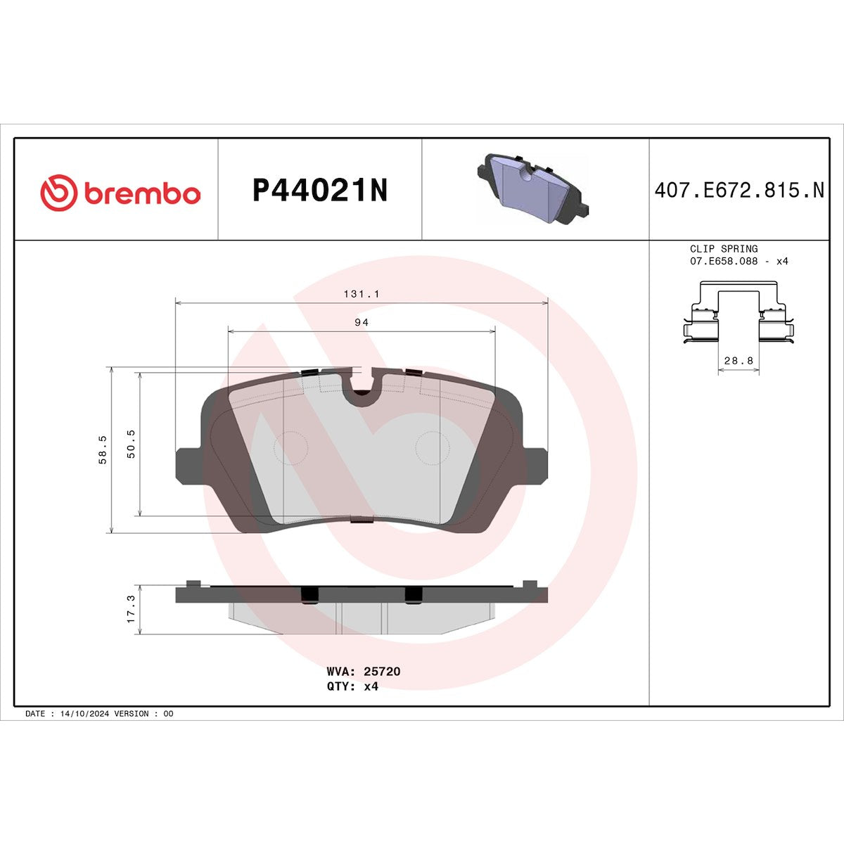 Brembo Brake Pad, FMSI Number D1692-8919, Ceramic, Set Of 4 - P44021N