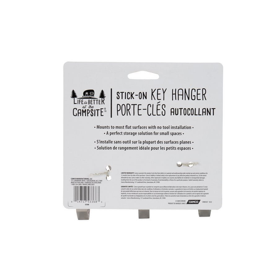 Camco Key Storage Case, 6 in Length x 4-1/4 in Width x 1-1/4 in Depth, Stainless Steel, With 3 Hooks And Double Sided Mounting Tape - 53368