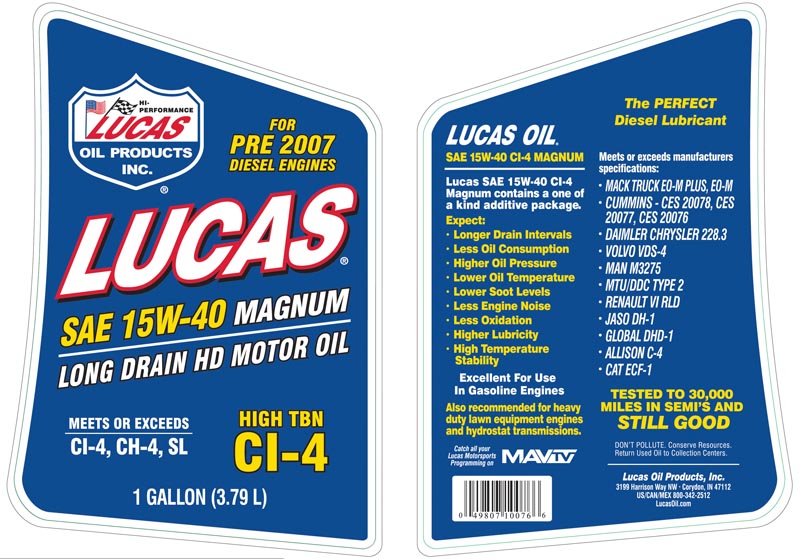 Lucas Oil Oil, SAE 15W-40, 1 gal Jug - 10076