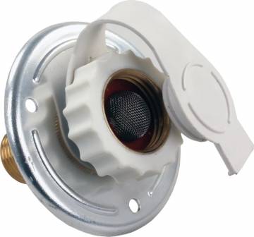 JR Products Fresh Water Inlet, 1/2 in Male Pipe Thread (MPT) x 3/4 in Hose Fitting, For 1-1/2 in Cutout, Aluminum - 62185
