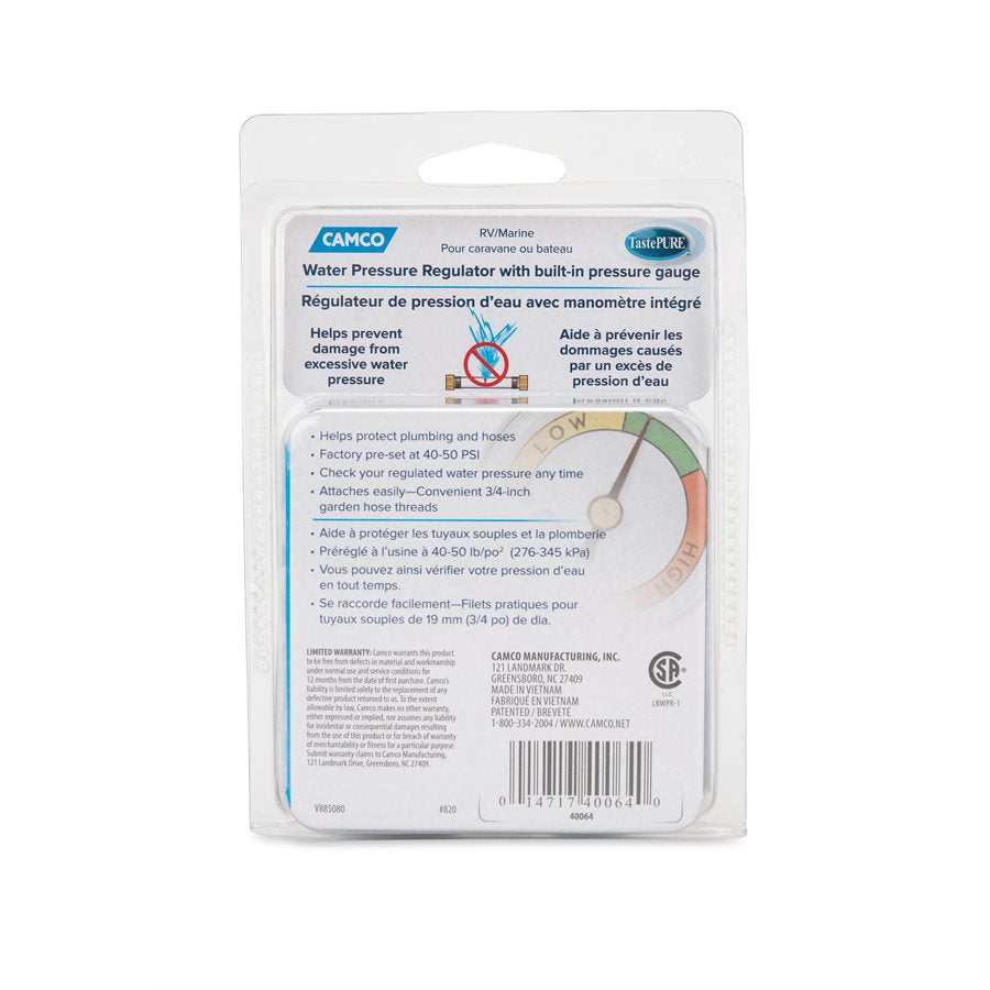 Camco Fresh Water Pressure Regulator, Brass, Preset Pressure Range of 40-50 PSI, Complies With CA and VT Regulations For Brass Content - 40064