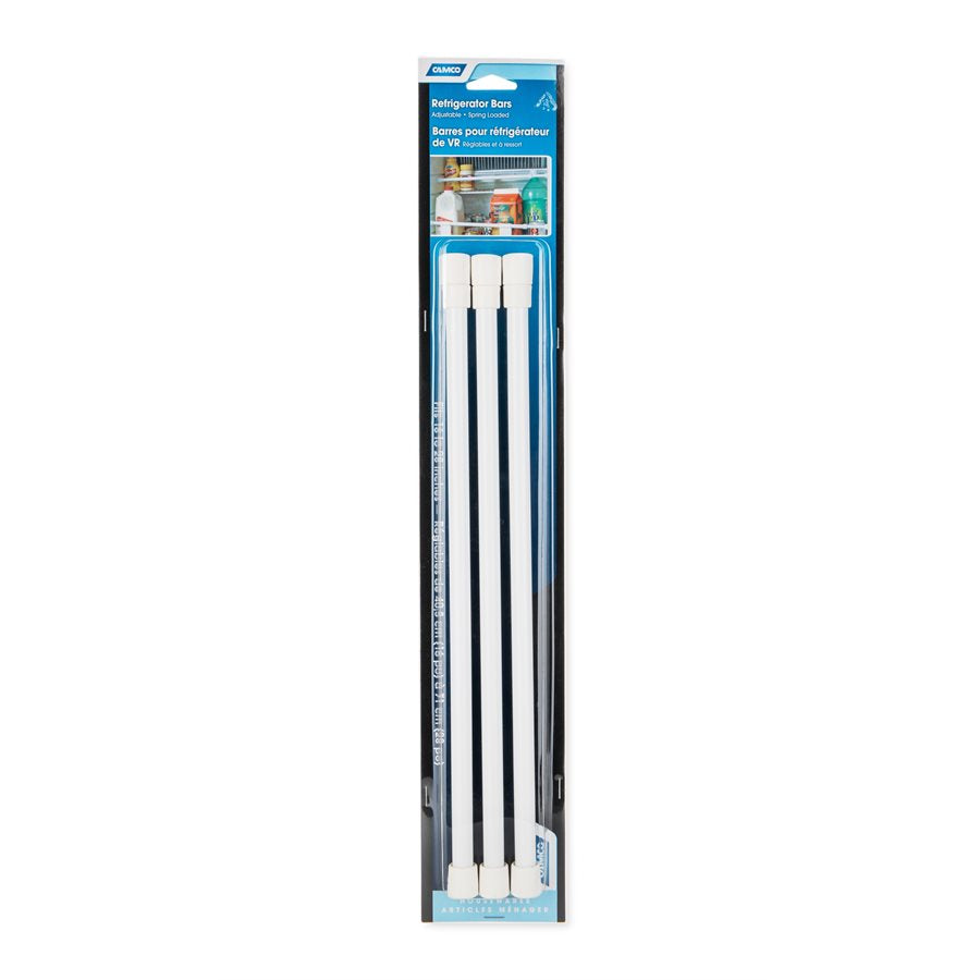 Camco Refrigerator Content Brace, Bar Extends From 16 in Length to 28 in Length, White Plastic, Set Of 3 - 44053