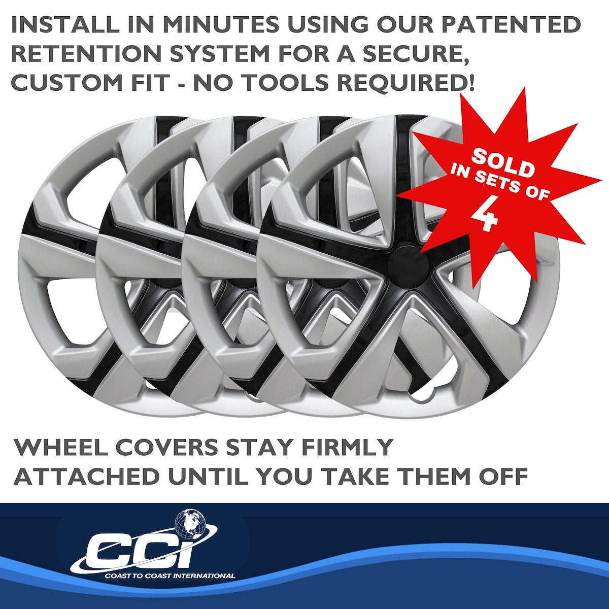 Coast2Coast Wheel Cover, 16 in, 5 Spoke, Silver/Black, Set Of 4 - IWC52016SB