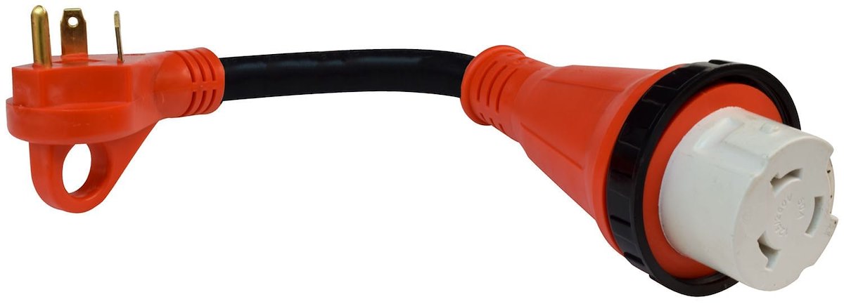 Valterra Power Cord Adapter, 30 amp Male to 50 amp Female Locking Receptacle, Red, 12 in Length - A10-3050HD