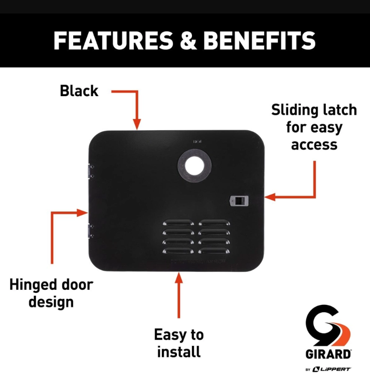 Lippert Water Heater Access Door, Replacement For Atwood 6 gal Water Heater, 15 in x 18-1/2 in, Black - 2022107538