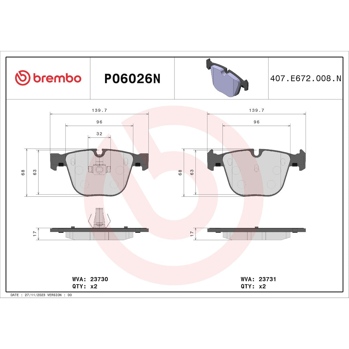 Brembo Brake Pads P06026N product image 3