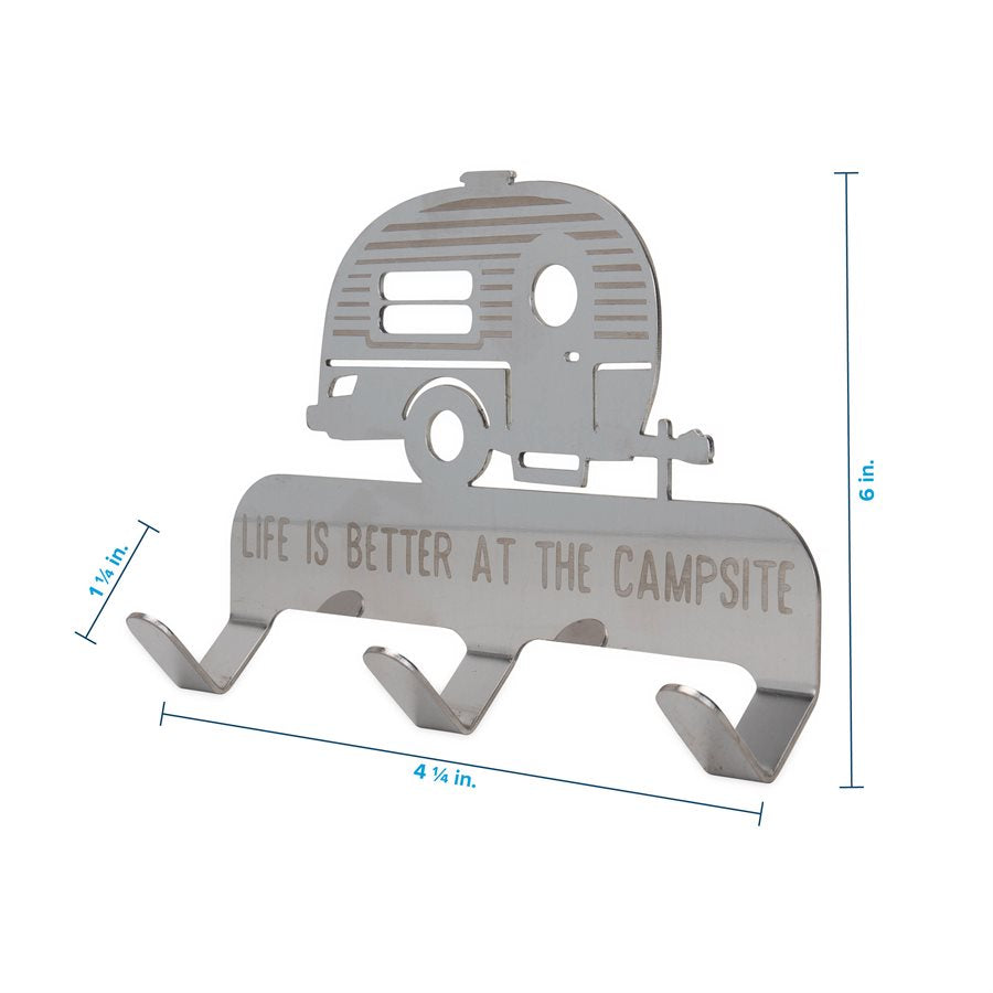 Camco Key Storage Case, 6 in Length x 4-1/4 in Width x 1-1/4 in Depth, Stainless Steel, With 3 Hooks And Double Sided Mounting Tape - 53368