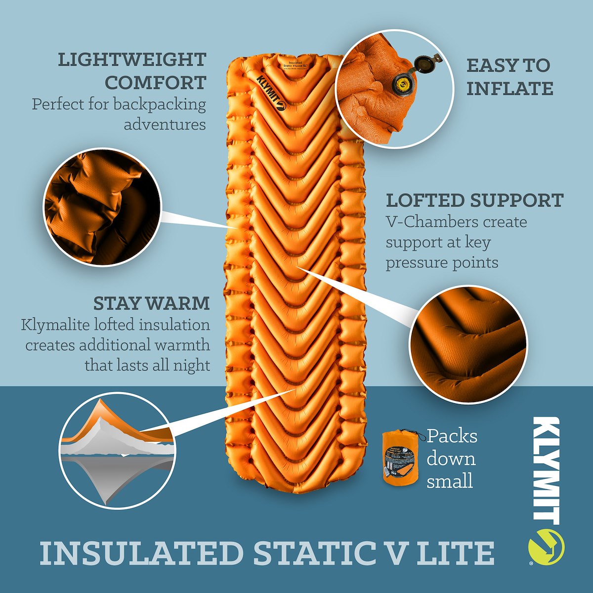 Klymit Sleeping Pad, 72 in Length x 23 in Width x 2-1/2 in Height Inflated Regular, 30D Polyester Fabric, 20 oz Weight - 06I2OR03C