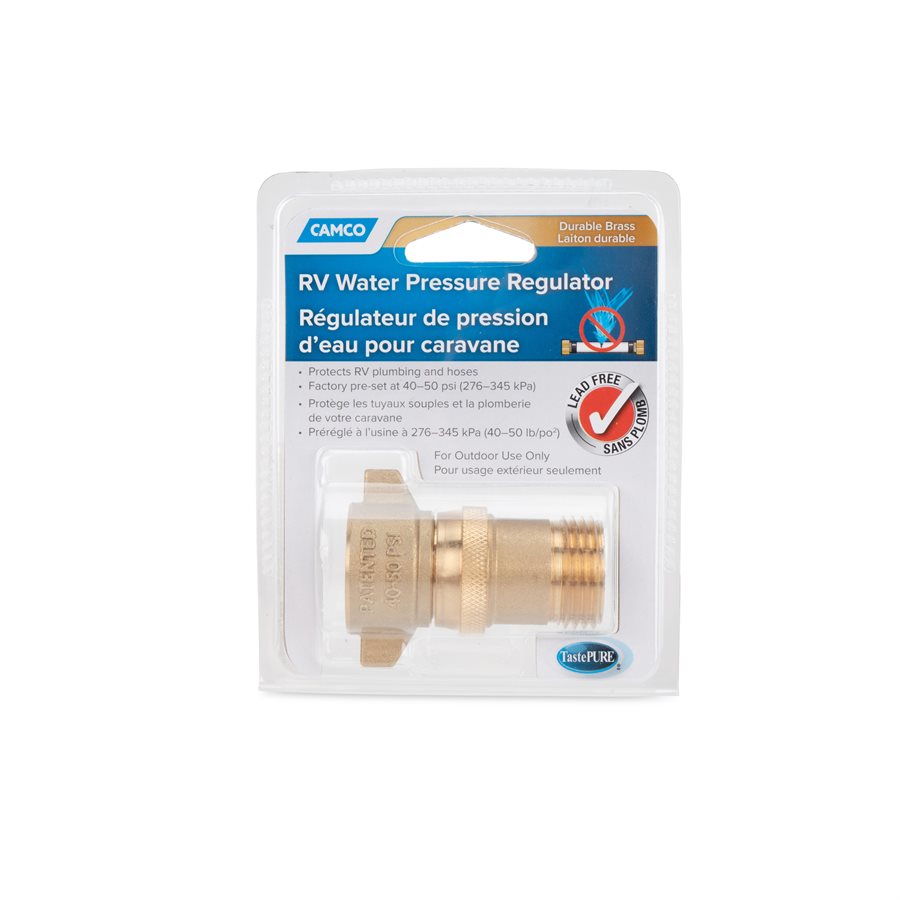 Camco Fresh Water Pressure Regulator, Brass, Preset Pressure Range of 40-50 PSI, Complies With CA and VT Regulations For Brass Content - 40055