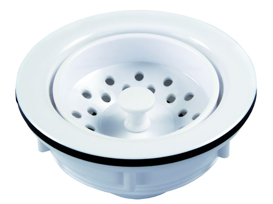 JR Products Sink Strainer, Fits Any 3-1/2 in To 4 in Sink Opening, White - 95275