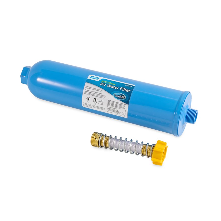 Camco Fresh Water Filter, XL High-Flow Carbon Filter With 2x More KDF, Filters Down to 100 Microns - 40019