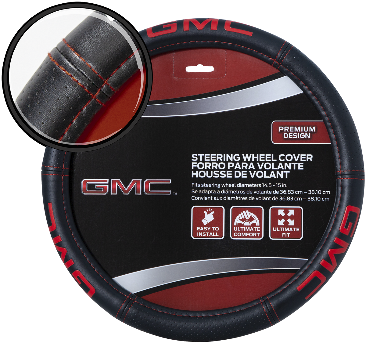 Plasticolor Steering Wheel Cover, For 14-1/2 To 15 in Wheels, Iconic GMC Logo And Red Contrast Stitching, Black - 006708R01