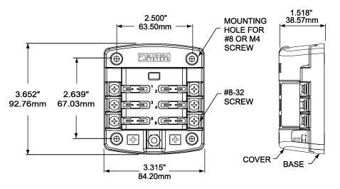 Blue Sea Fuse Block, 32 V DC, 100 amp Per Block/30 amp Per Circuit, 2.64 in Mounting Centers - 5028-BSS