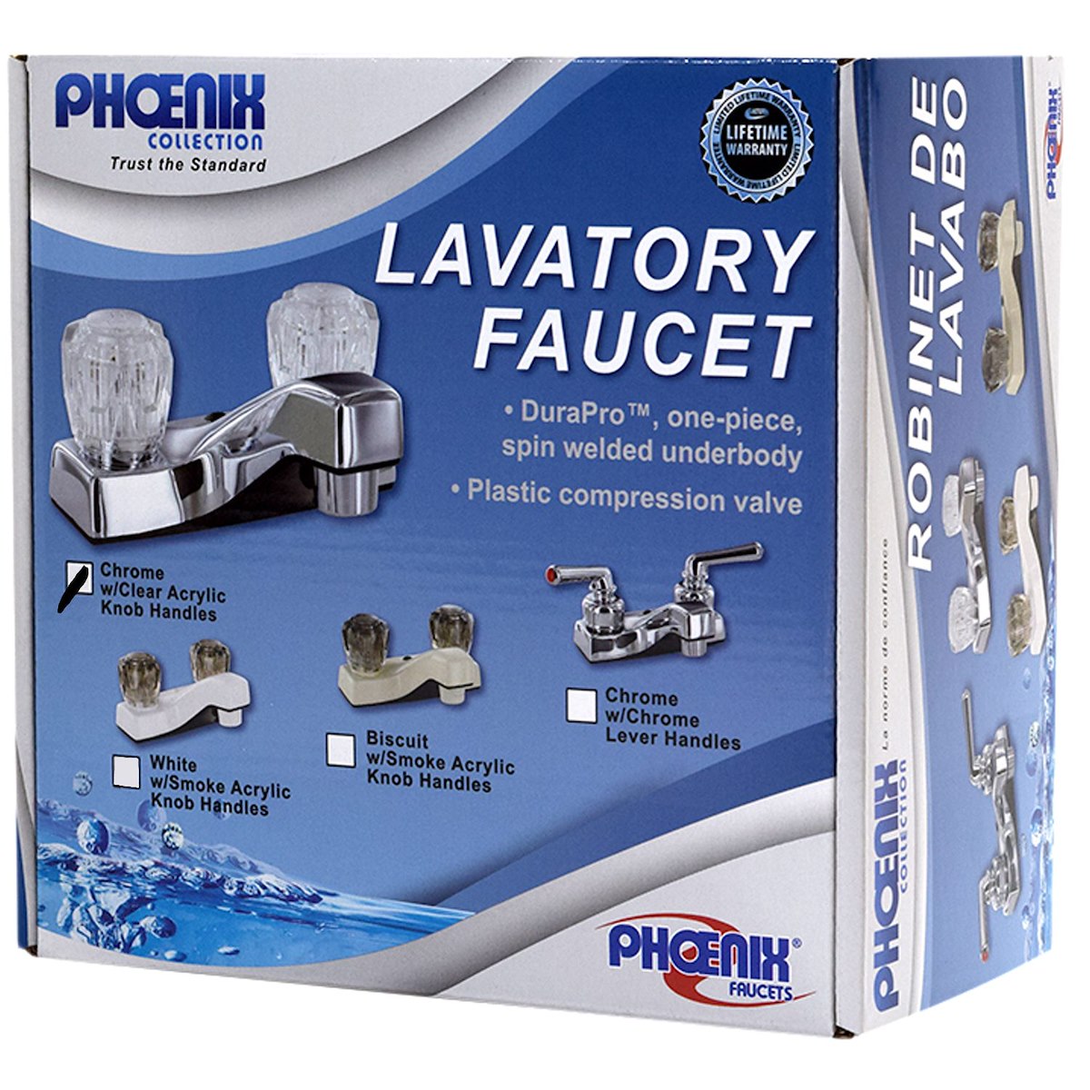 Phoenix Products Faucet, 2 Clear Crystal Acrylic Knob Handle, Polished Chrome Plated/Plastic Underbody, 2 Hole Application - PF212307