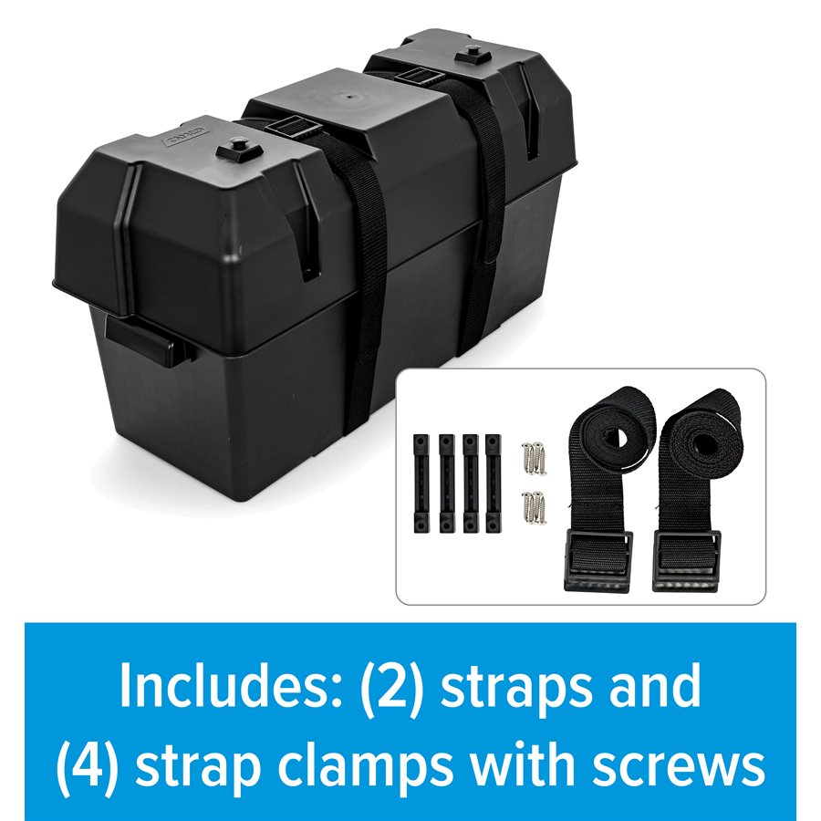 Camco Battery Box, Fits Two 6V Group GC2 Batteries Or Two 12V Group 24/24M Batteries, With 2 Tie Down Straps And 4 Strap Clamps With Screws - 55374