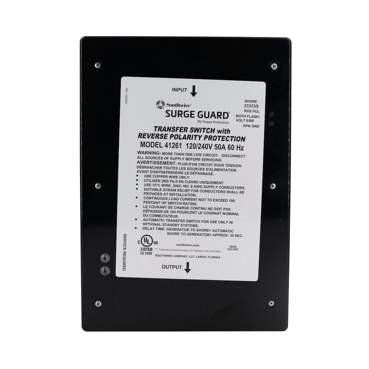 SouthWire Corp. Power Transfer Switch, 120/240 V, 50 amp, 8.84 in Width x 13-1/2 in Height x 5.21 in Depth - 41261-011