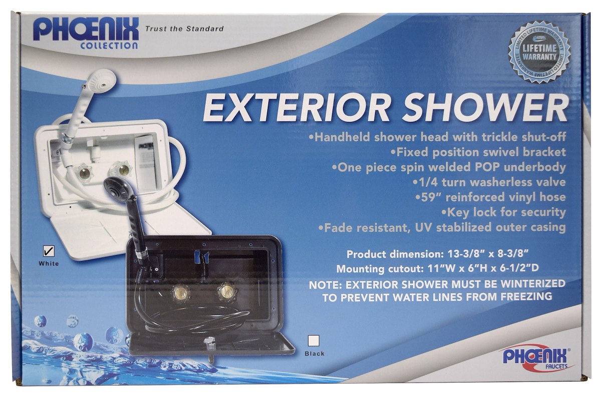 Phoenix Products Exterior Shower, White, With 2 Knob Handle/Hand-Held Shower Head With 59 in Vinyl Hose - PF266201