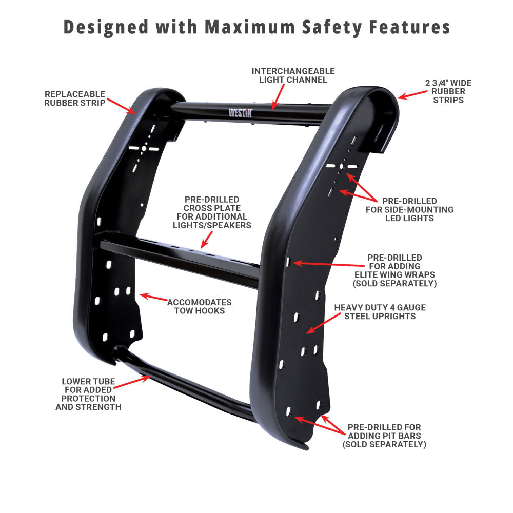 Westin Public Safety Bumper Push Bar, Black, HRPO Steel, 2-3/4 in Rubber Strip Uprights - 36-4045