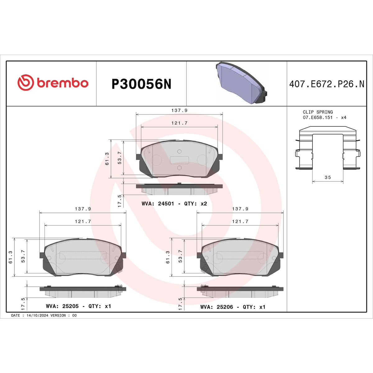 Brembo Brake Pad, FMSI Number D1295-8614, Ceramic, Set Of 4 - P30056N