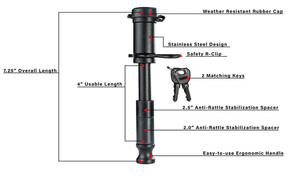Bulletproof Hitches Trailer Hitch Pin, Black Ops, Fits 2 to 3 in Receivers, 4 in Usable Length - BLACKBPLP