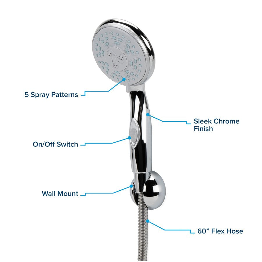 Camco Shower Head, Hand Held With 60 in Hose, With 5 Available Spray Settings, Fits Standard 1/2 in Shower Arm - 43713