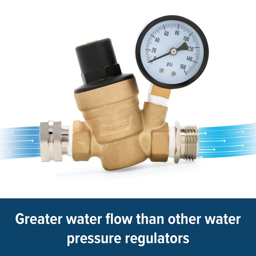 Camco Fresh Water Pressure Regulator, Adjustable/Factory Preset To 45 PSI, Brass - 40058