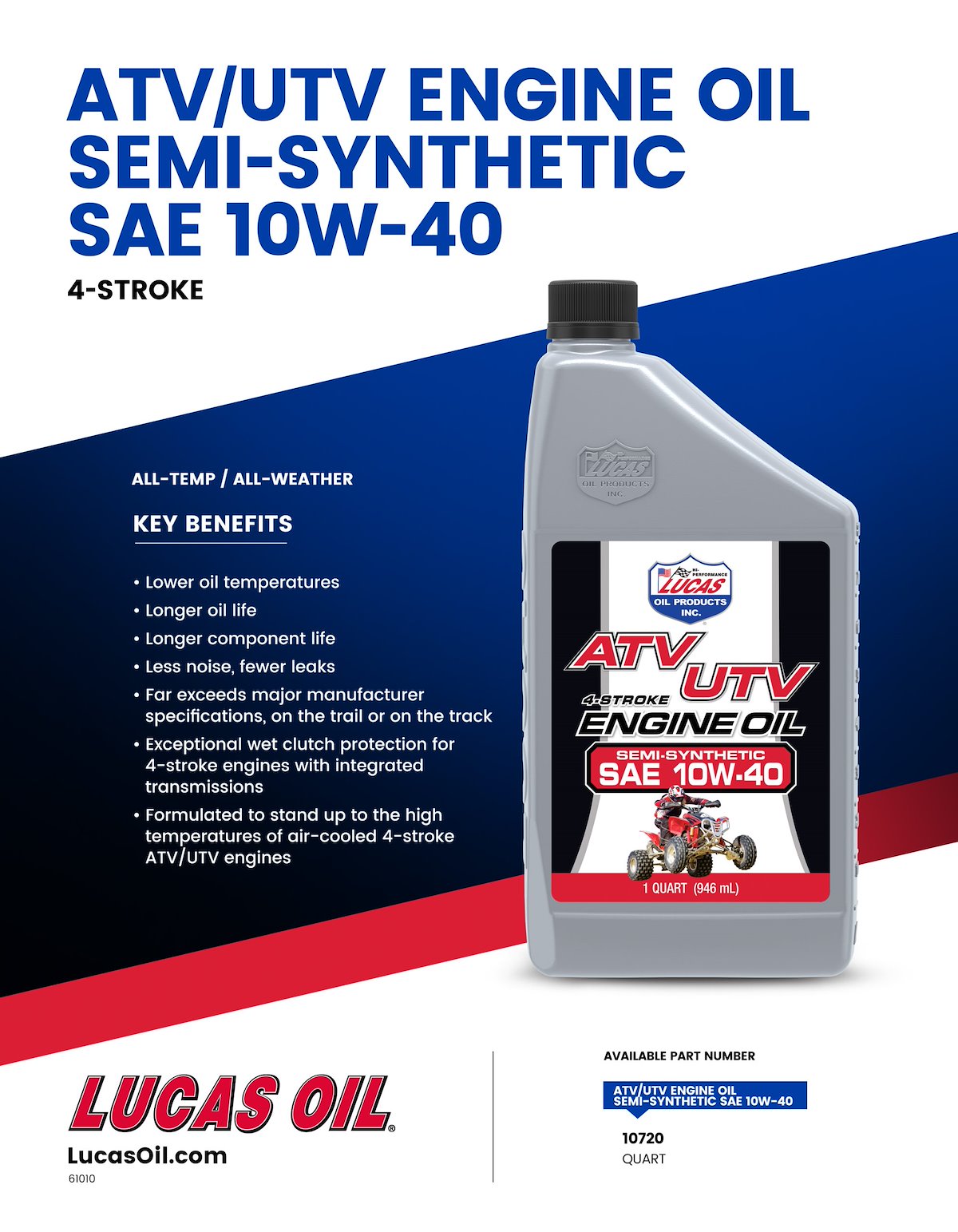 Lucas Oil Oil, SAE 10W40, 1 qt Bottle - 10720