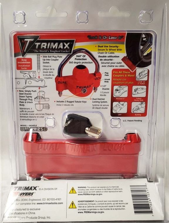 Trimax Locks Trailer Hitch Lock, Fits 1-7/8 in/2 in And 2-5/16 in Couplers, Red, Steel Shackle/Die Cast Body - UMAX25D