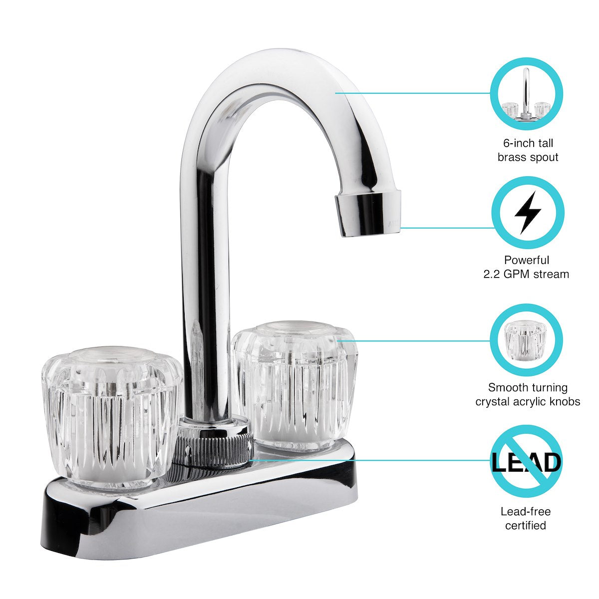 Dura Faucet Faucet, 6 in Hi-Arc Spout, 2 Clear Crystal Acrylic Knob Handle, Chrome Plated/Plastic Body/Brass Spout - DF-PB150A-CP
