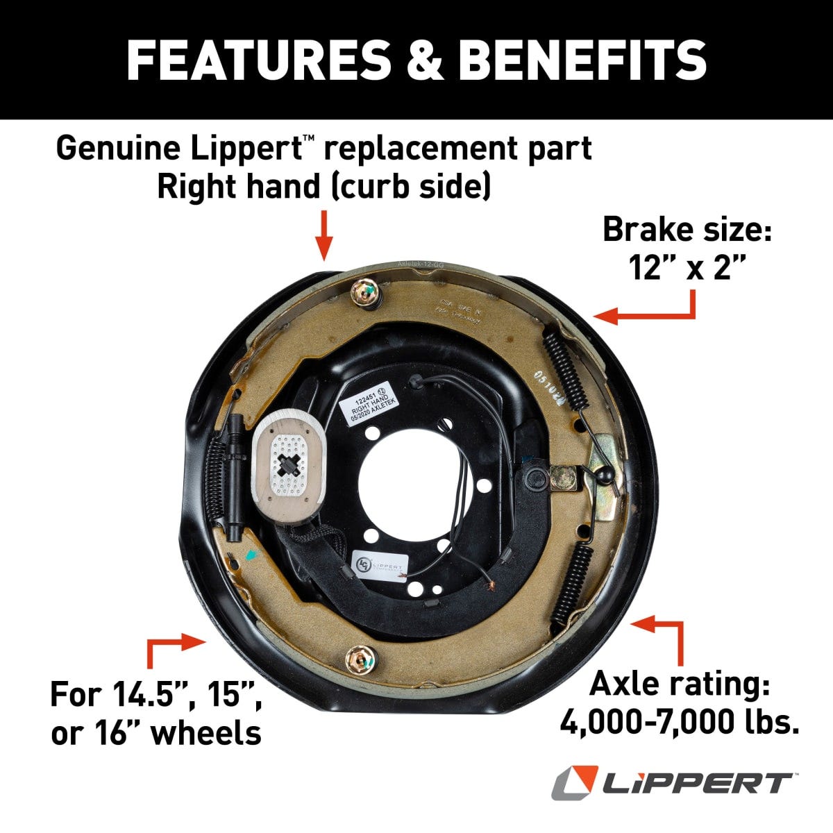 Lippert Trailer Brake Assembly, Replaces Lippert Assembly 12 in Diameter x 2 in Width, 4000-7000 lb Axle Capacity - 298276