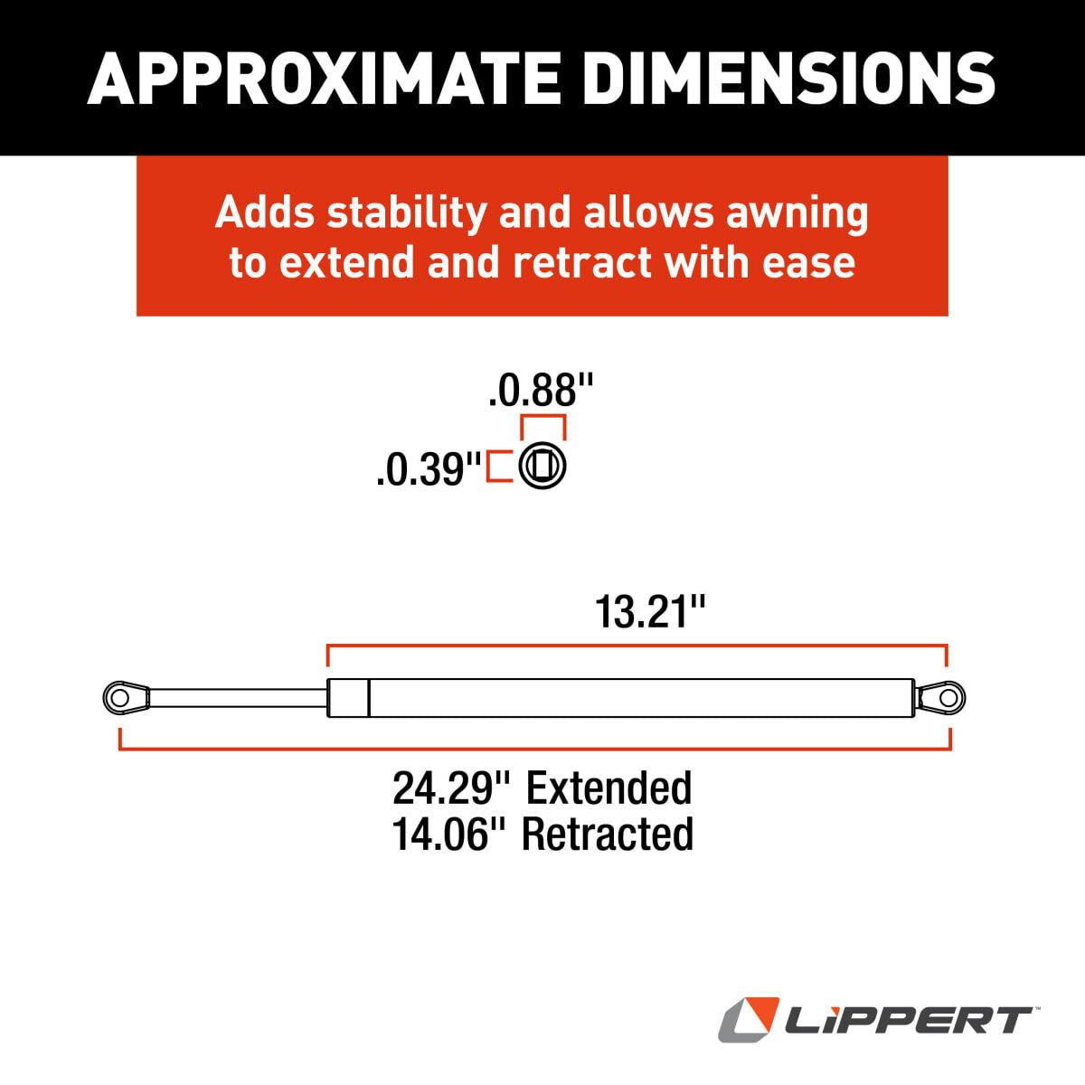 Lippert Awning Shock, 24.38 in Extended Length, 14.70 in Retracted Length, 124 lb Capacity - 260282