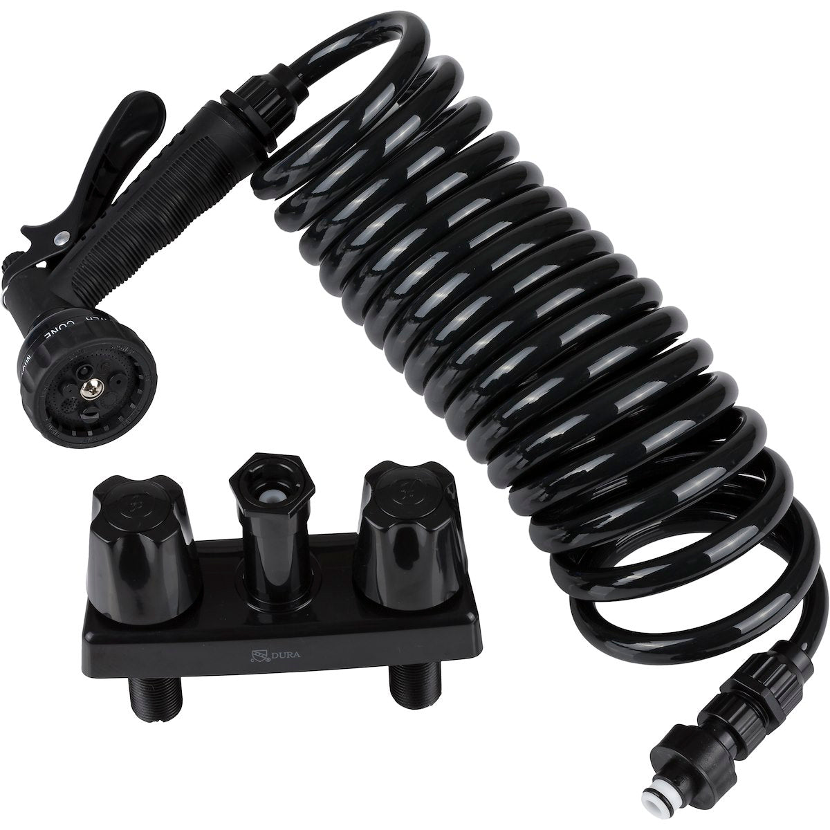 Dura Faucet Exterior Spray Port, Faucet Type With Quick Connect Valve With 15 in Coil Hose, 2 Knob Handle, Black - DF-SA186-BK