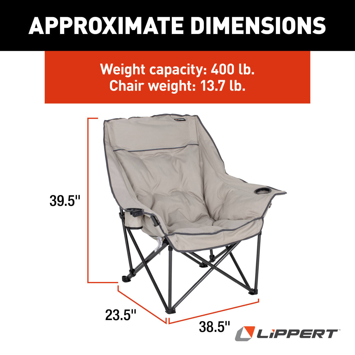 Lippert Camping Chair, 23-1/2 in Depth x 38-1/5 in Width x 39-1/2 in Height, 400 lb Weight Capacity - 2021128653