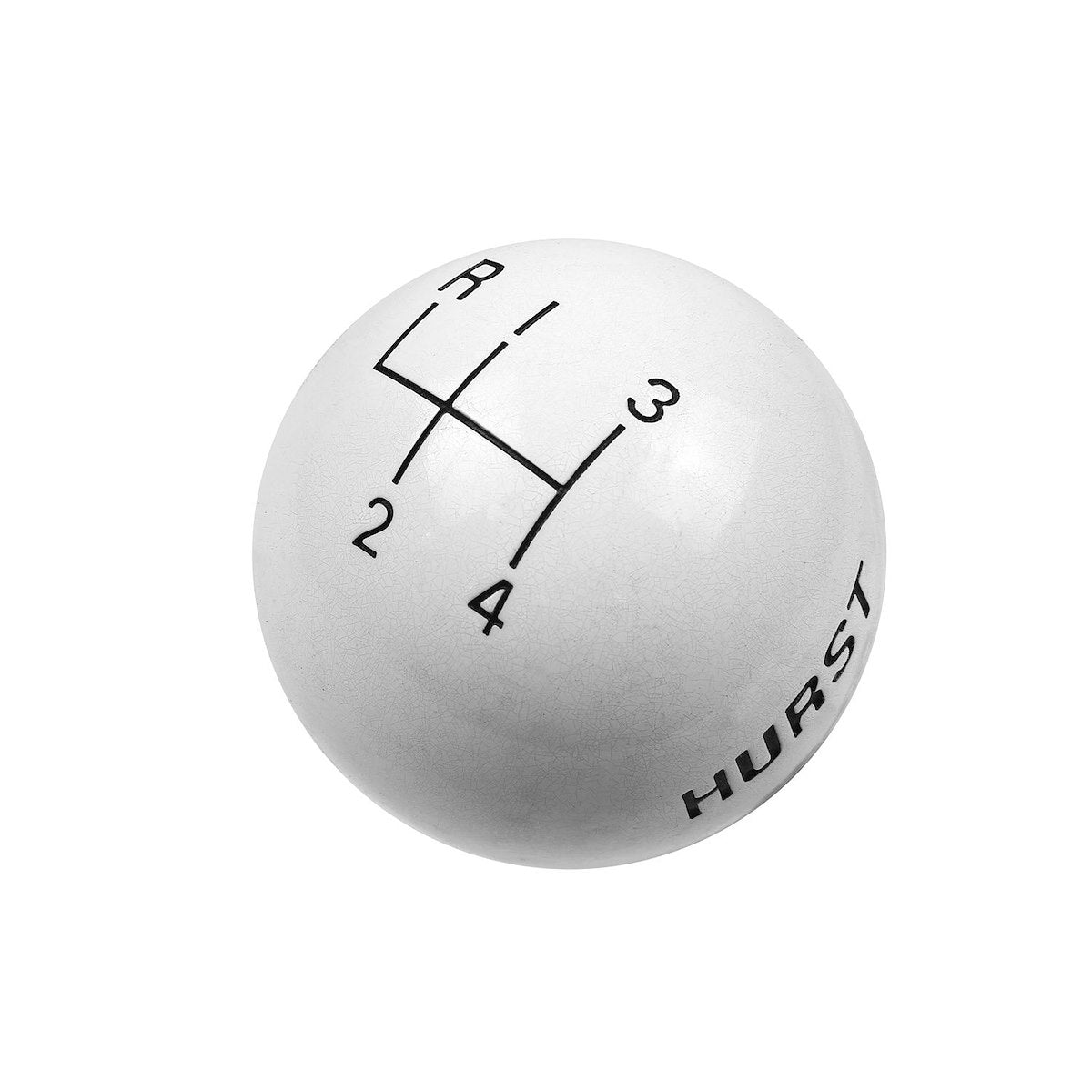 Hurst Manual Trans Shifter Knob, SAE 3/8-16, Round With 4 Speed Pattern/Hurst Logo, White - 1637626