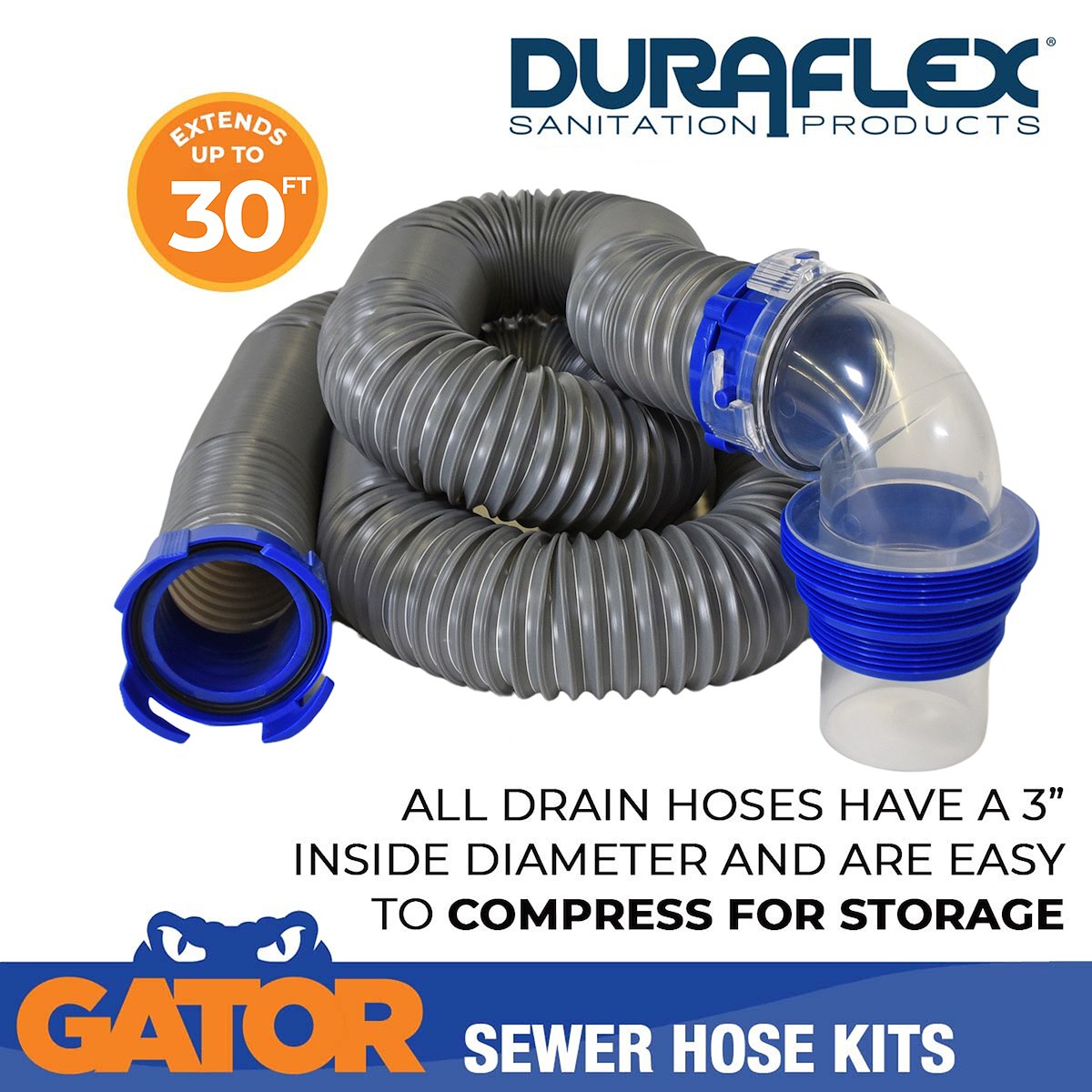 Duraflex Sewer Hose, 30 ft Extended Length, 106 in Compressed Length, 3 in Hose Diameter - 22007
