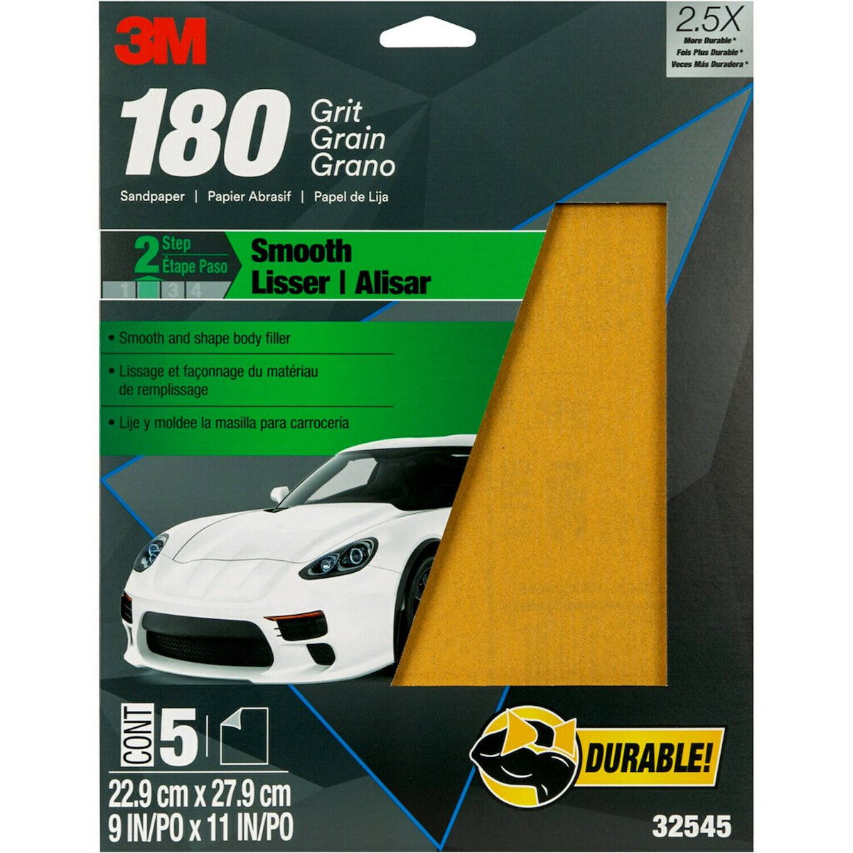 3M Sandpaper, P180 Grit, 9 in x 11 in, Aluminum Oxide, Pack of 5 - 32545