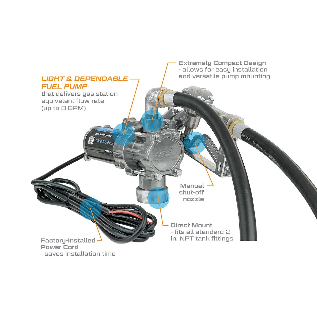 GPI Liquid Transfer Tank Pump, EZ-8, Up To 8 gal Per Minute, 10 ft Length Hose - 137100-01