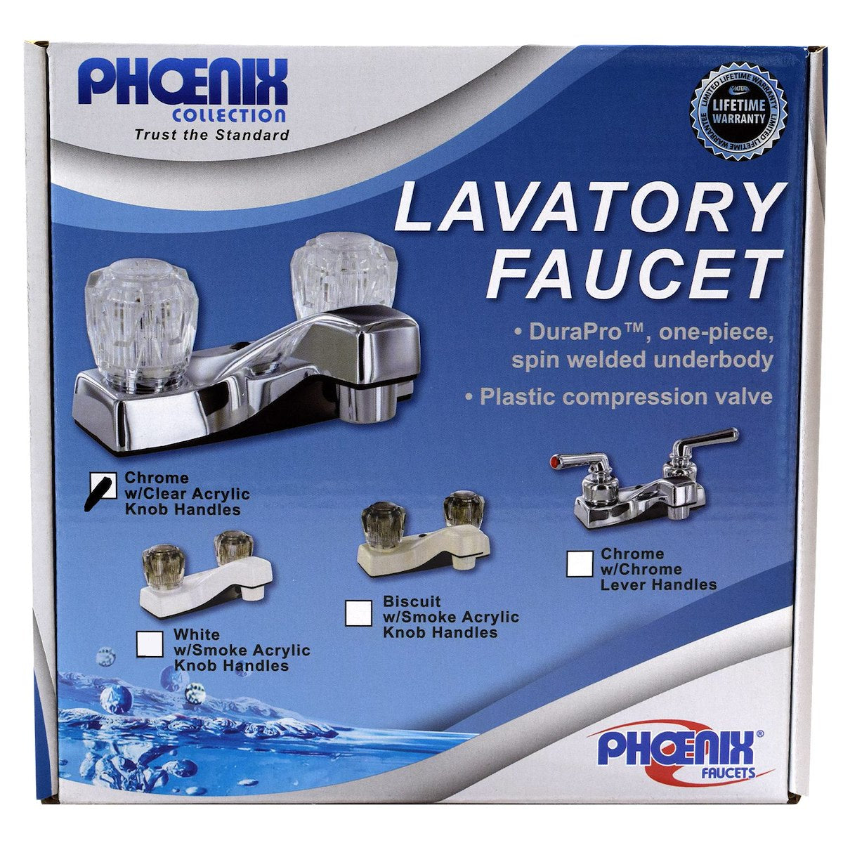 Phoenix Products Faucet, 2 Clear Crystal Acrylic Knob Handle, Polished Chrome Plated/Plastic Underbody, 2 Hole Application - PF212307