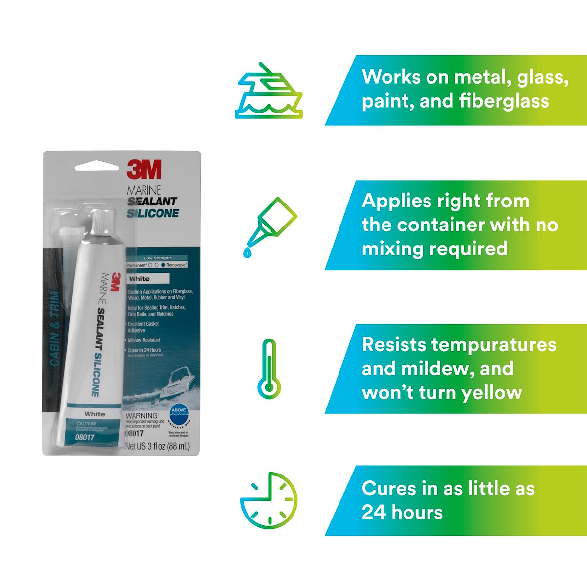 3M Adhesive Sealant, 3 oz Tube, White, 5 To 10 Minutes Tack Free Time - 08017